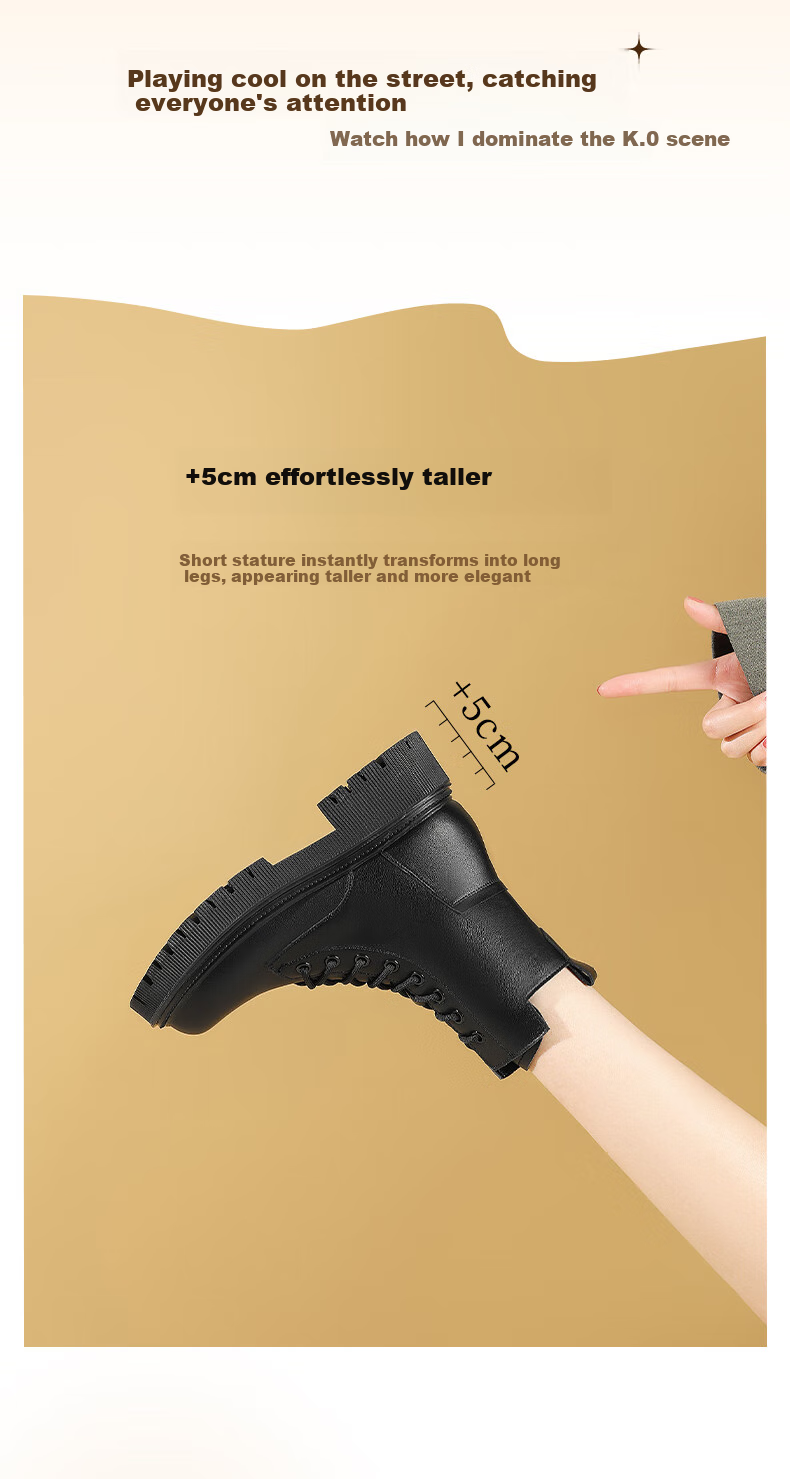 DAPHNE Black Martin Boots for Women, 2025 Autumn And Winter Fleece-Lined Leather Boots, Thick-Soled British Style Heightening Boots, Ankle Boots 3