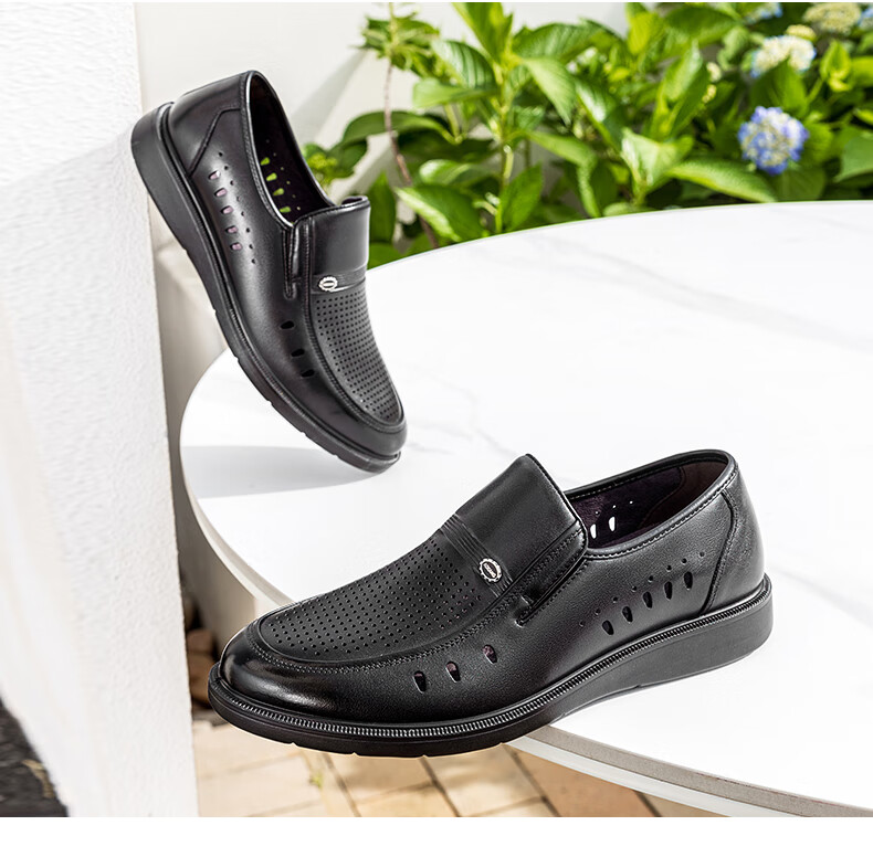 Aokang Men's Shoes, Spring And Summer Business Casual Leather Shoes, Cowhide Slip-On Comfortable Wear-Resistant Dad Shoes, Black Hollow Breathable, Size 38 10