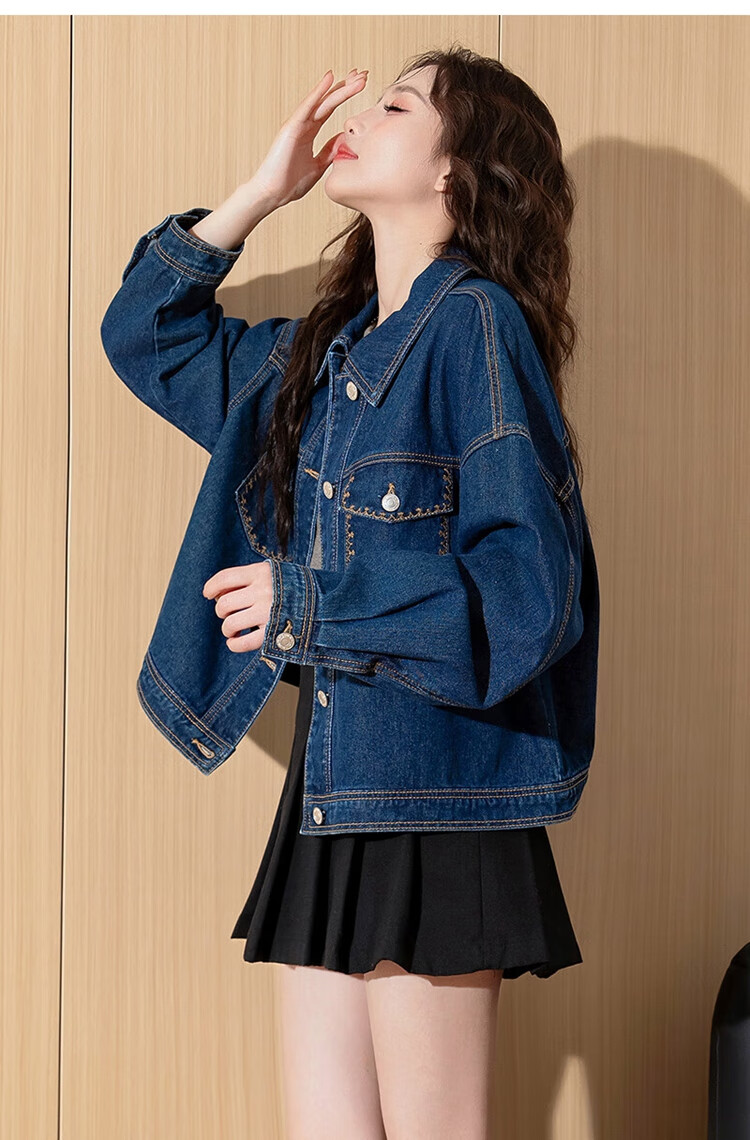 TonLion 2025 Spring Women's Lapel Pocket Detail Denim Jacket, Dark Denim Blue, M 8