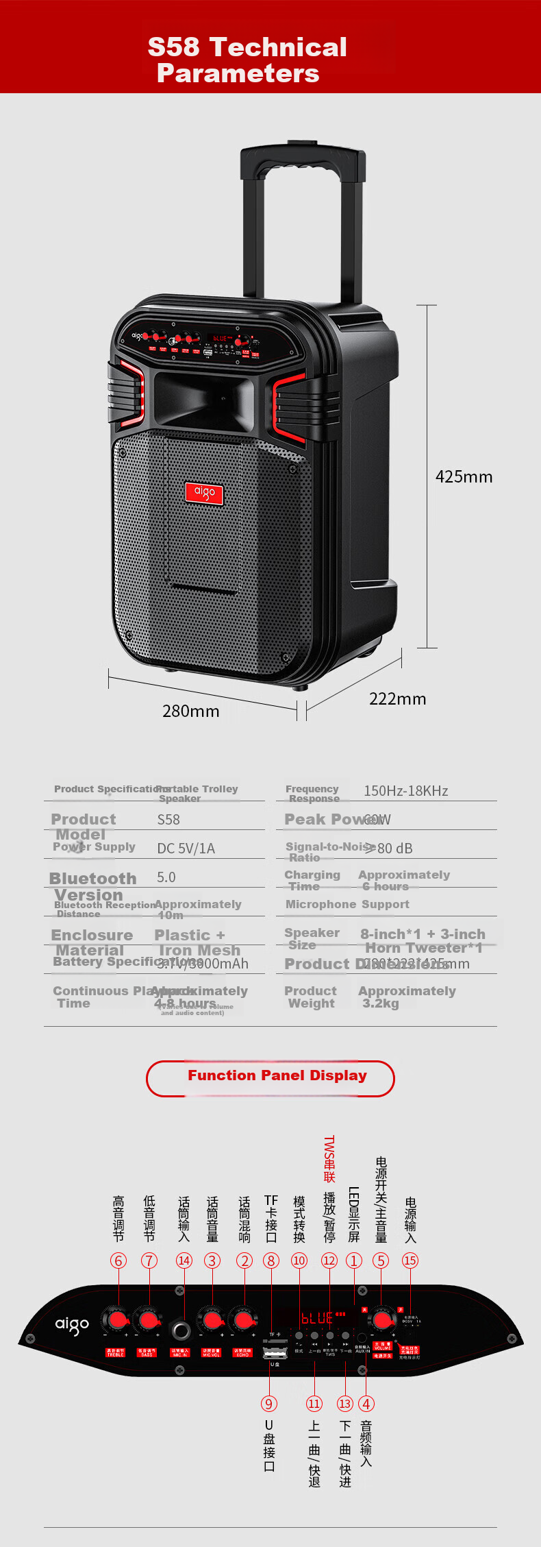 Aigo S615 Outdoor Square Dance Speaker, 15-Inch High-Power Amplifier, Portable Bluetooth Speaker with Handle for Home Use And Street Vending, Wooden Cabinet Design, Standard Versio 12