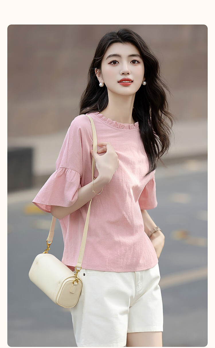 Demana [Skin-friendly Pure Cotton] Summer French Lace Round Neck Ruffle Sleeve Loose Fit Petite Shirt Women's Top 3