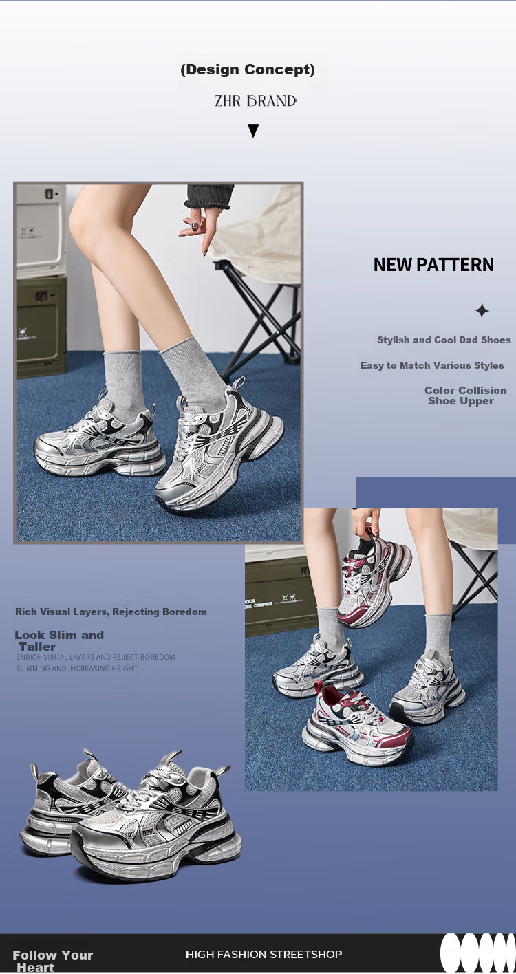 ZHR Silver Dad Shoes for Women, Trendy Sports Casual Couple Shoes, Thick-Soled Height-Increasing Women's Shoes, JT67 Silver, Size 39 1