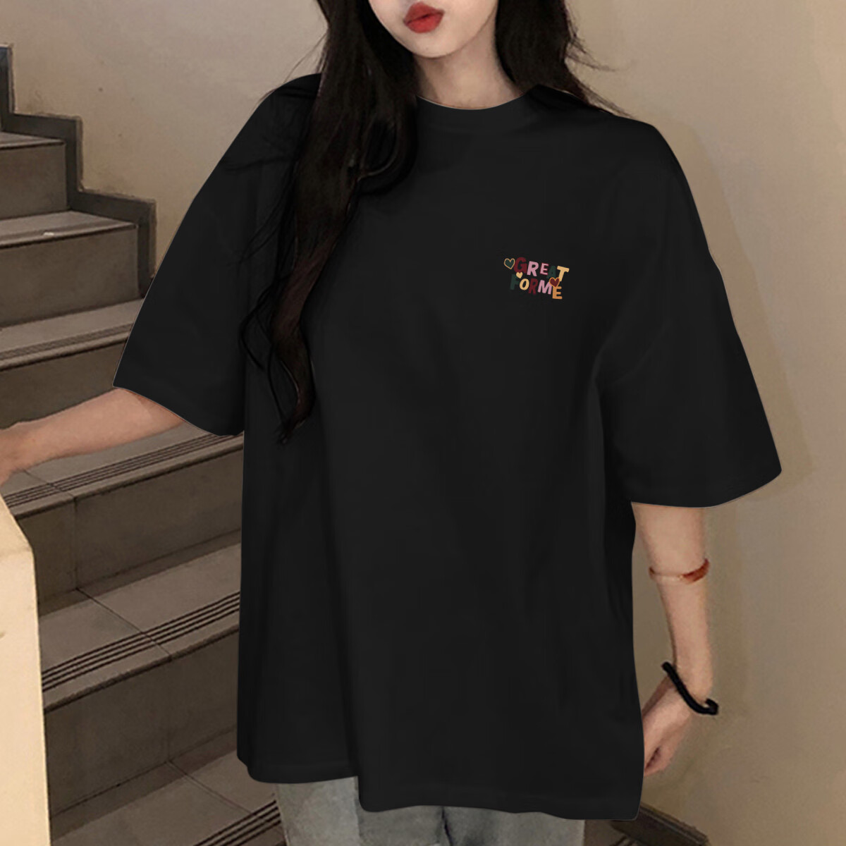 TonLion 2025 Summer Women's Round Neck Back Print Short-Sleeve T-Shirt, Black, S