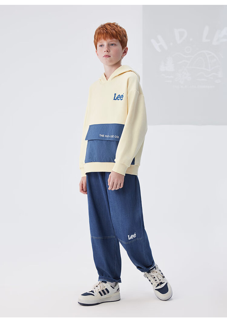 Lee Kids Children's Clothing, Color Block Faux Denim Print Retro Fashion Hoodie, Sky Blue, Size 140 3