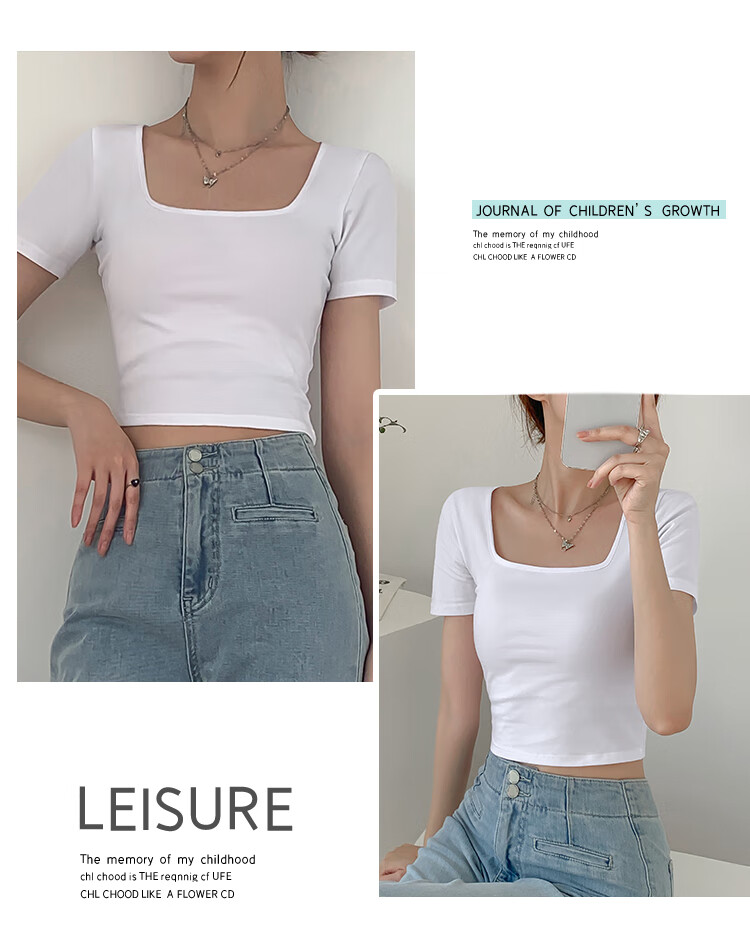 TUCANO Square Neck Short Sleeve T-Shirt for Women, Summer New Style Petite Cropped Crop Top, Black, 2XL 2