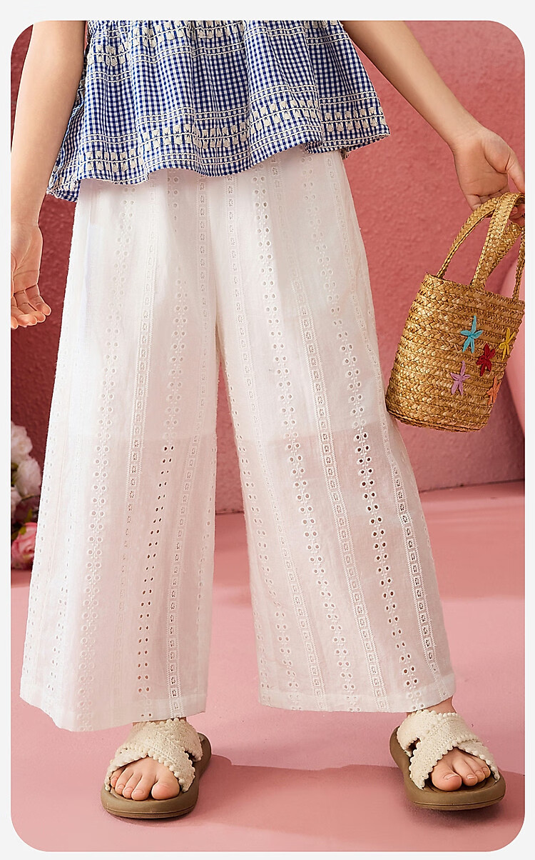 ASK JUNIOR Cotton Kids Summer Hollow Lace Embroidered Straight Leg Breathable Long Pants for Girls and Teens 1