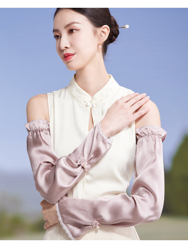 Shanghai Story Women's 100% Mulberry Silk Sun Protection Sleeves Spring Summer Chinese Style Lace Ice Sleeves UV Protection Champagne Gold 16