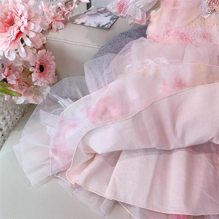 Anneyol Girls' Princess Dress Summer Outfit Stylish Children's Lolita Tulle Dress with Puff Sleeves, Pink, Size 160 31
