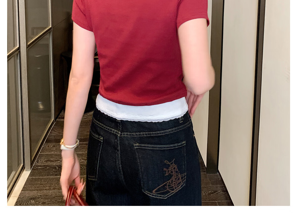 Halo Queen Women's Short-Sleeve T-Shirt, Round Neck, Red And White Contrasting Color Lace Splicing, Slim-Fit Embroidered Bow Waist-Cinching Slimming H52T076 25