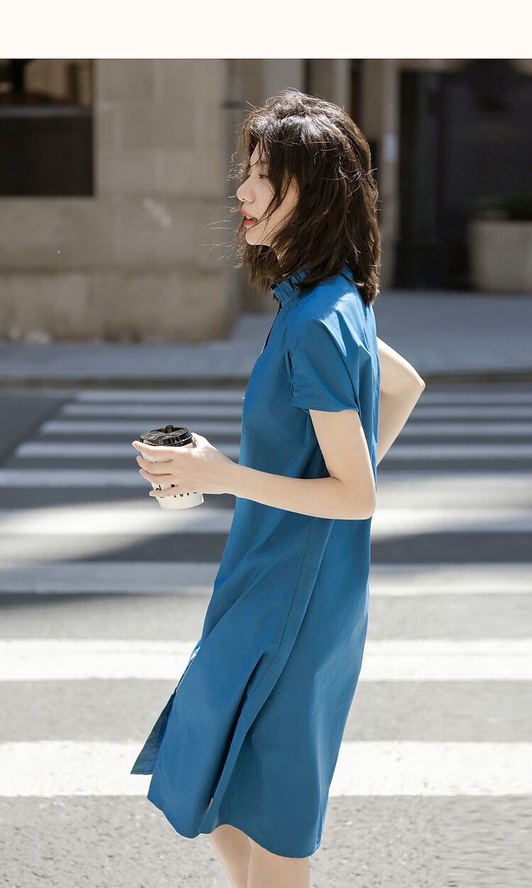 Dme [Klein Blue] Summer Oxygen Pure Cotton Lace Collar Short-Sleeve Loose Waist Long Elegant Single-Breasted Dress 10