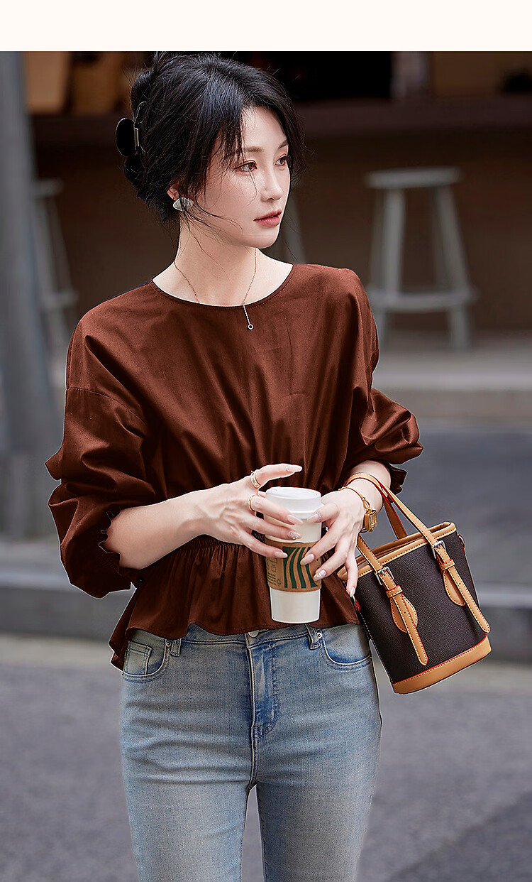 Dme [Will Breathe Cotton] Spring And Autumn French-Style Relaxed Round Neck Smock Waist-Cinching Drop Shoulder Slimming Shirt Women's Top 32