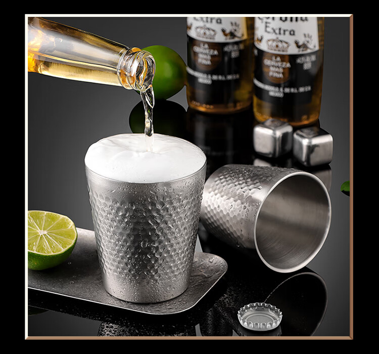Baijie 304 Stainless Steel Double-Layer Household Water Cup Hotel Hammered Single-Layer Quick Cooling Beer Cup Restaurant Tea Cup 13
