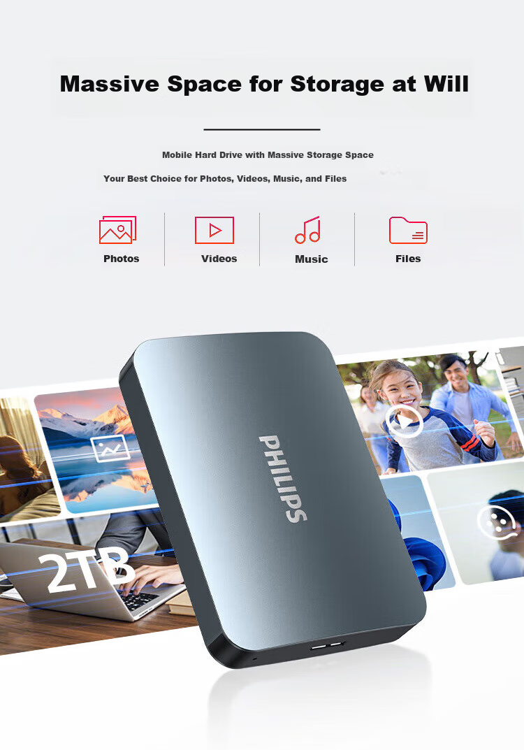 PHILIPS 1TB Portable Hard Drive, USB3.2Gen1 High-Speed Large Capacity 21PD Series, 2.5-Inch Computer Mechanical Hard Drive, Compatible with Mac, External Storage for Office And Home Use 2
