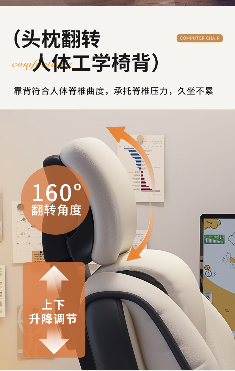 Chibailun Computer Chair, Home Gaming Chair, Sofa Chair, Ergonomic Chair, Bedroom Study Chair with Backrest, Adjustable Height Study Chair 7