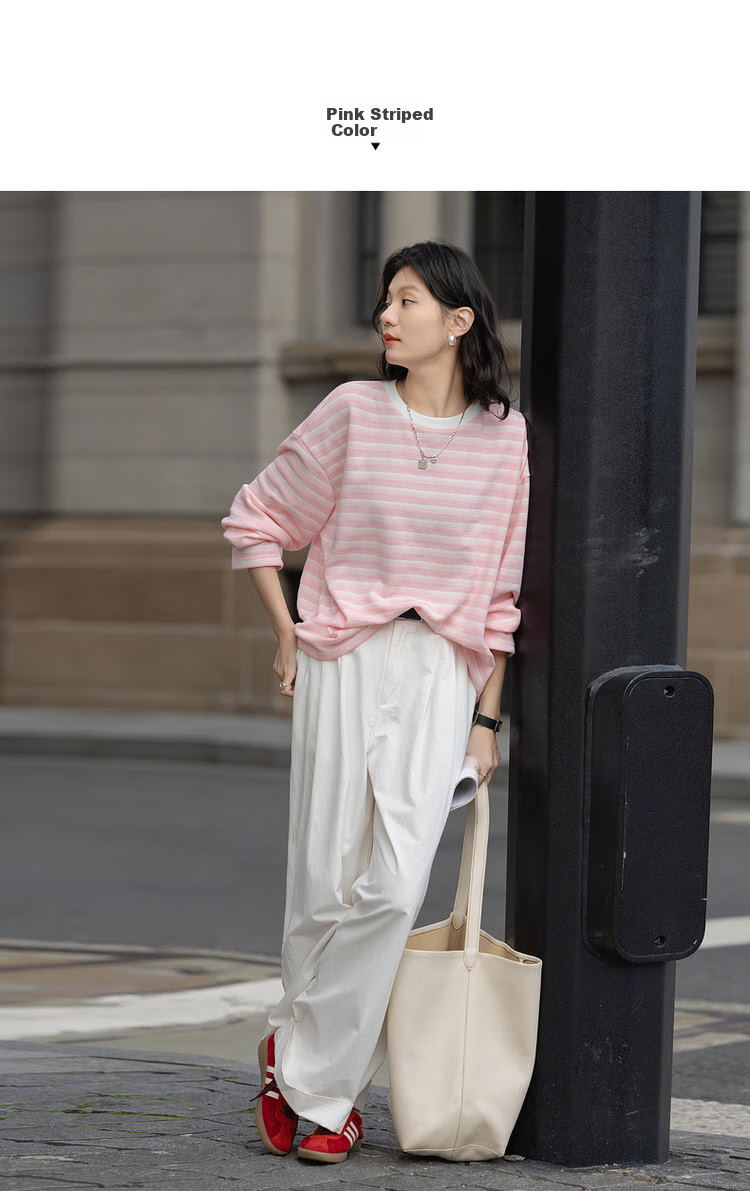 Dme [Coastline Diary] Spring Korean-Style Waffle Gradient Striped Top, Loose-Fitting, Flattering, Versatile Women's Sweatshirt 6