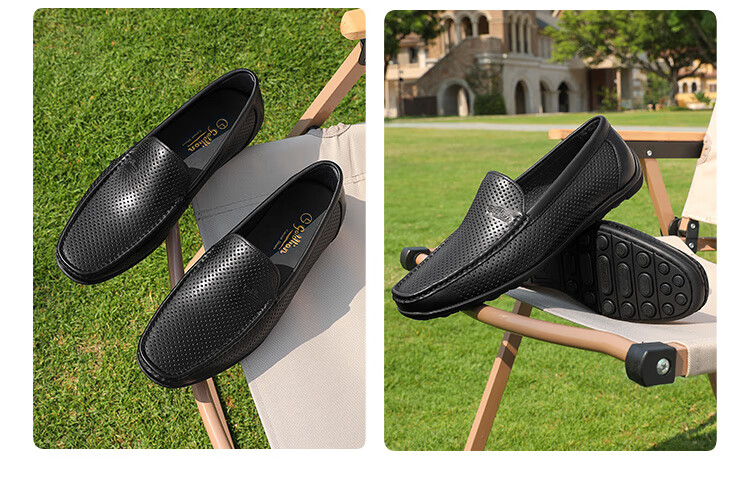 Goldlion Men's Shoes, Breathable Perforated Business Casual Shoes, Hollow Driving Shoes, 567820080ALD, Black, Size 37 11
