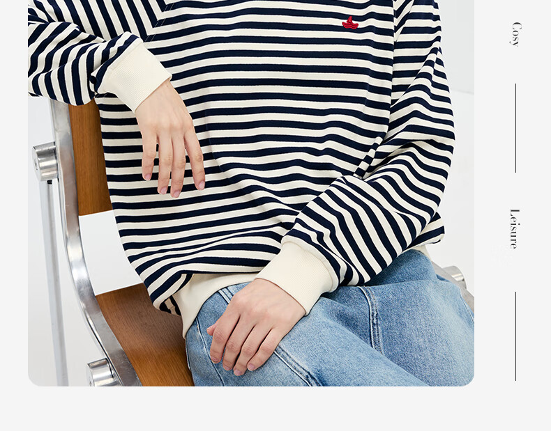 Navikail Italian Small Sailboat Women's Cotton Loose Long Sleeve Sweatshirt Striped Crew Neck T-Shirt 2315005501 Red White L 9