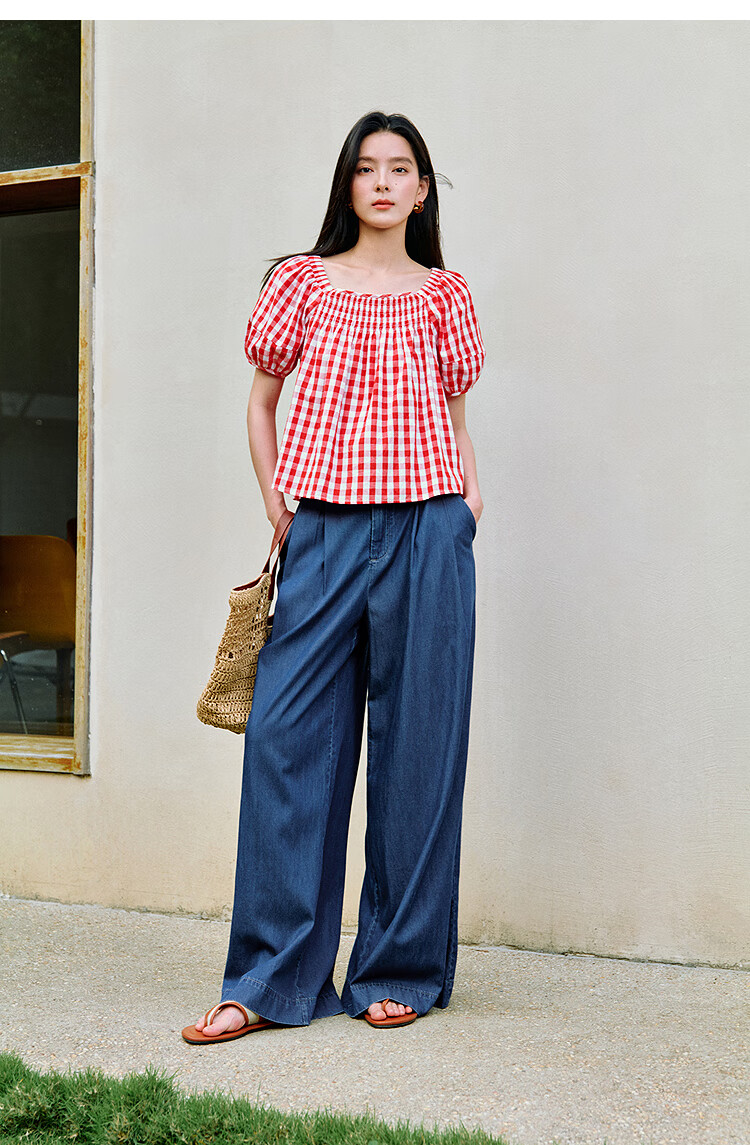 Inman 100% Cotton Sweet Plaid Shirt 2026 Summer New Women's Slim Waist Pleated Blouse Light Blue Plaid L 10