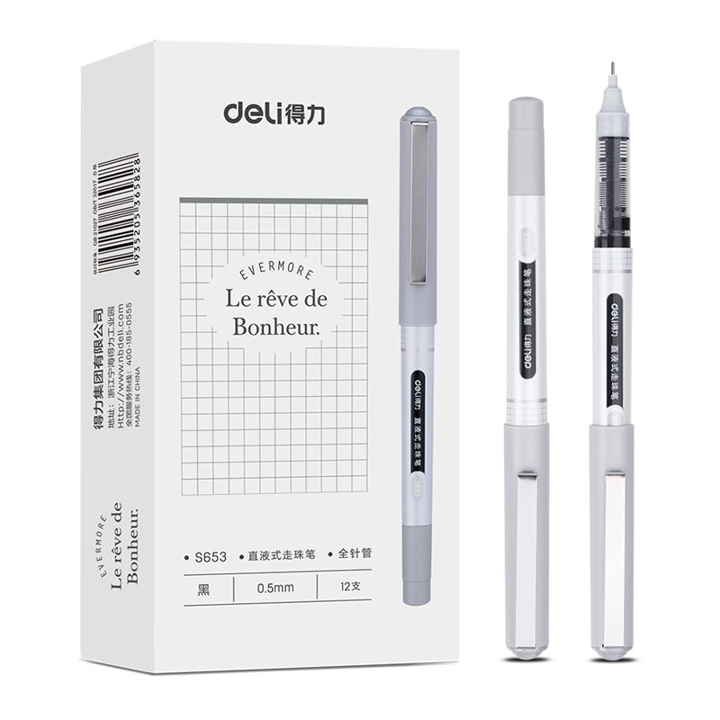 Deli 0.5mm Full Needle Tube Rollerball Pen for Students, Exams, And General Use, 12 Pens/Box DL-S653