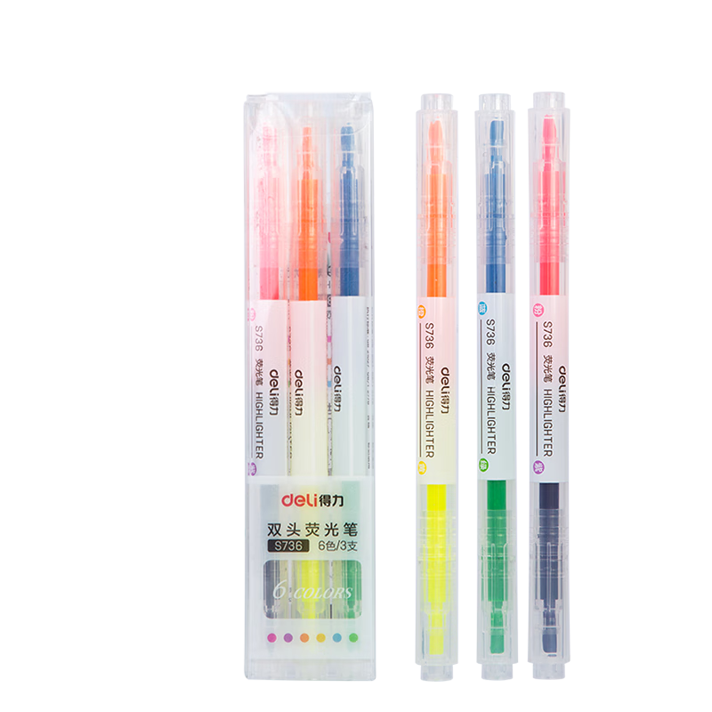 Deli Dual-Ended Dual-Color Fluorescent Highlighter Pen, Student Exam Key Marker, Drawing Doodle Journal Pen, Office Water-Based Marker, 3 Pieces 6 Colors S736