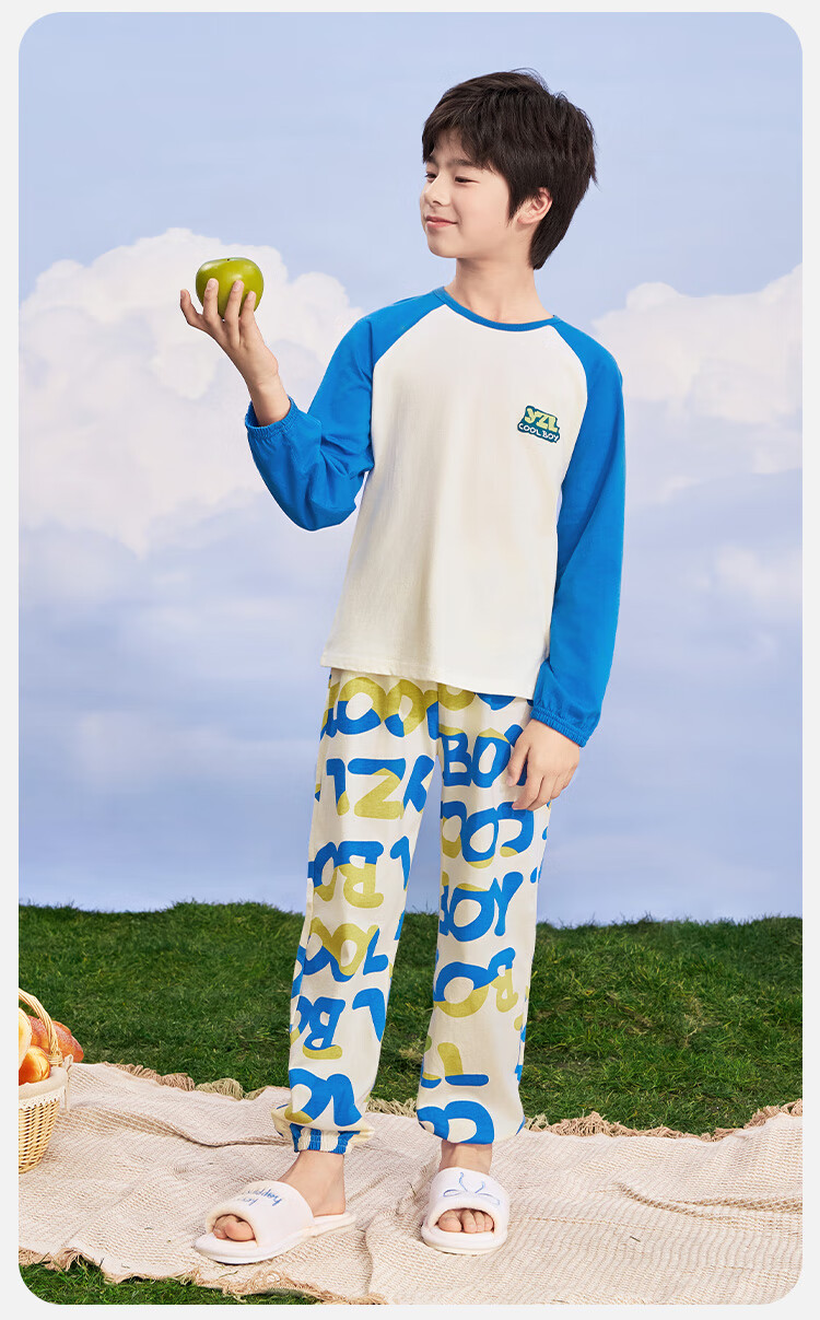 YUZHAOLIN Boys' Pajamas, Children's Home Wear Set, Spring Season, for Older Children, Pure Cotton Clothes, Children's Clothing, All-Over Letter Print 8