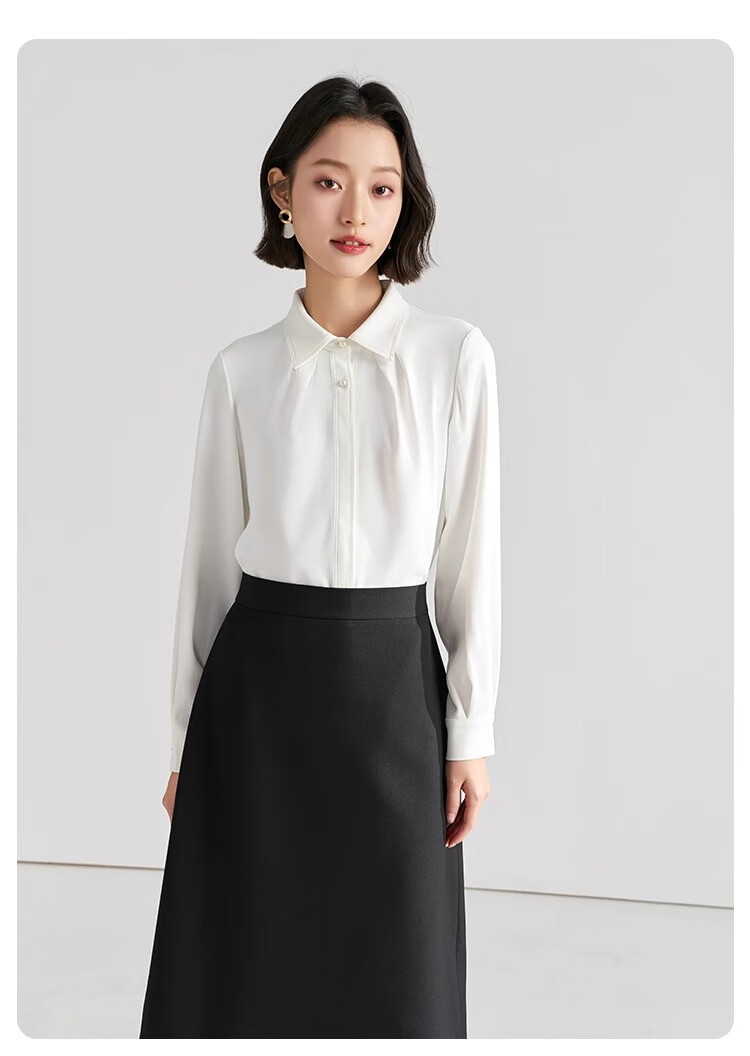 Bodexiaojie White Blouse for Women, Professional Commute Straight Shoulder Top, Petite Elegant Outfit, Formal Shirt 12