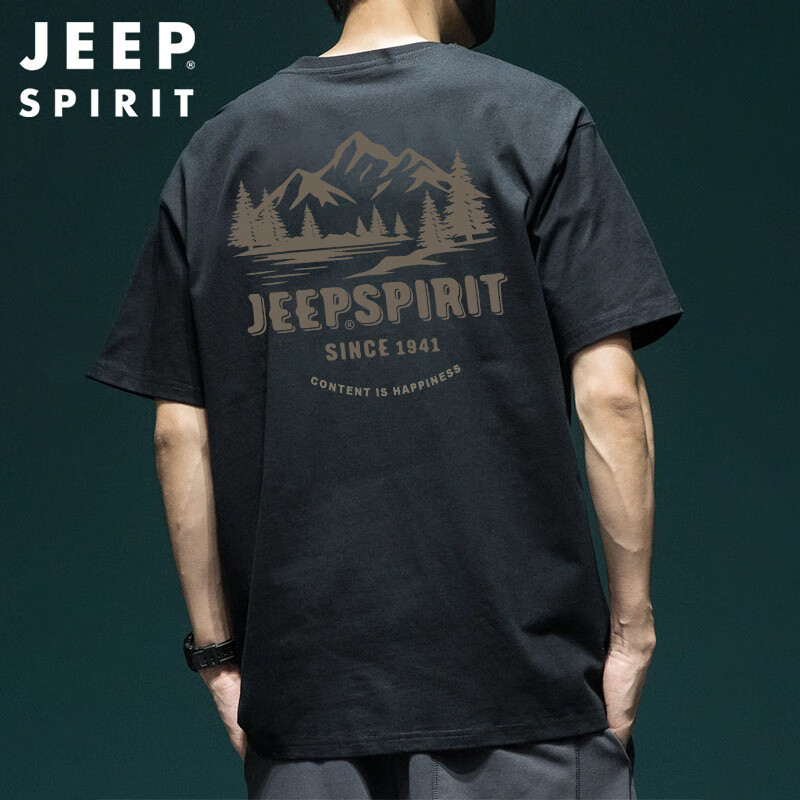 JEEP SPIRIT Heavyweight Short-Sleeve T-Shirt for Men, Summer Large Size Half-Sleeve Tee with American Print Top, Black, XL