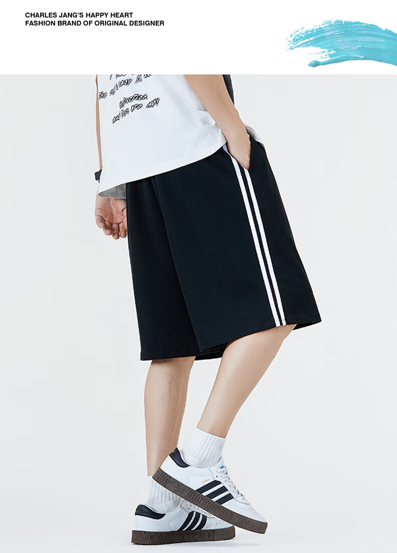Charles Peach Heart Men's Casual Shorts Summer Classic Striped Loose Drawstring Five-Point Sports Beach Pants Black L 9