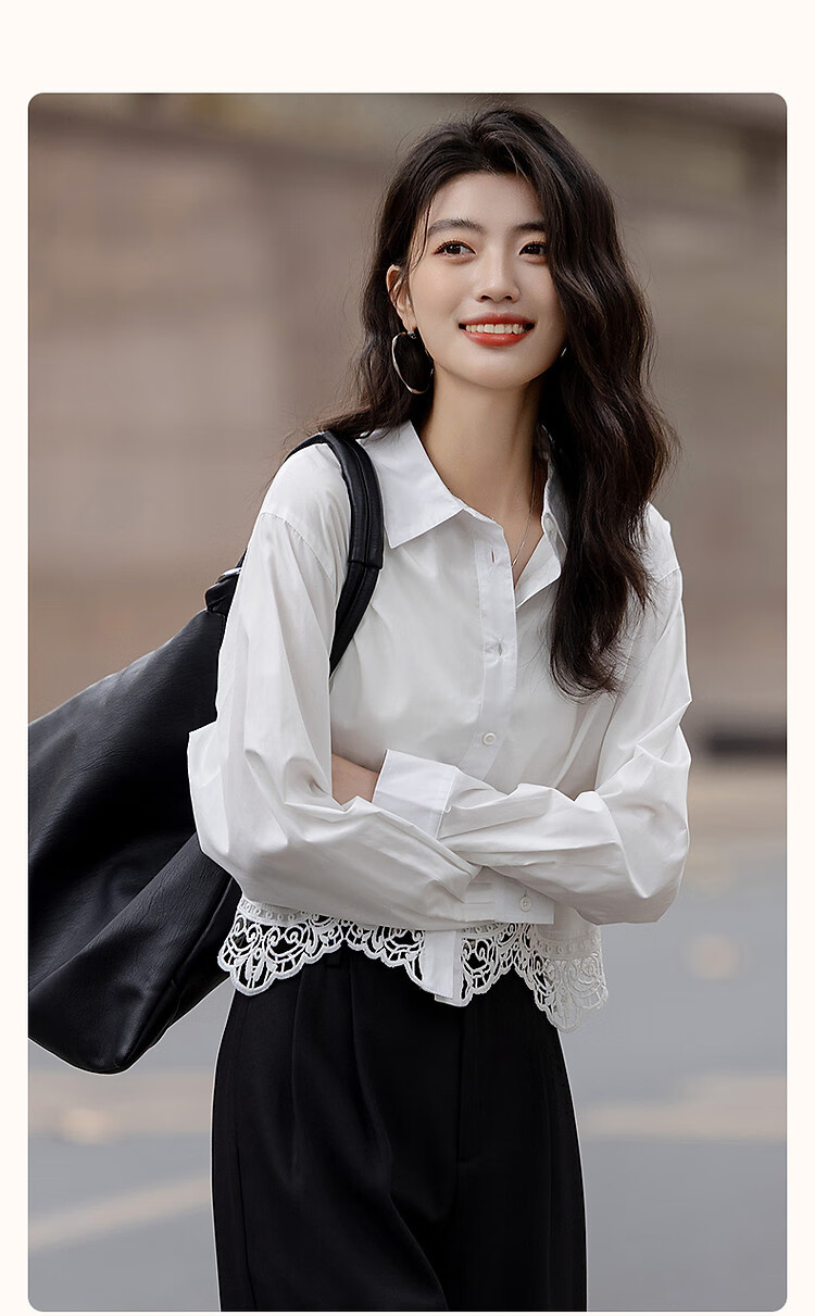 Dme [Moonlight Night Song] Spring And Autumn Gentle Pure Cotton Shirt with Lapel, Lace Trim, Patchwork Short Blouse Women's Top 2