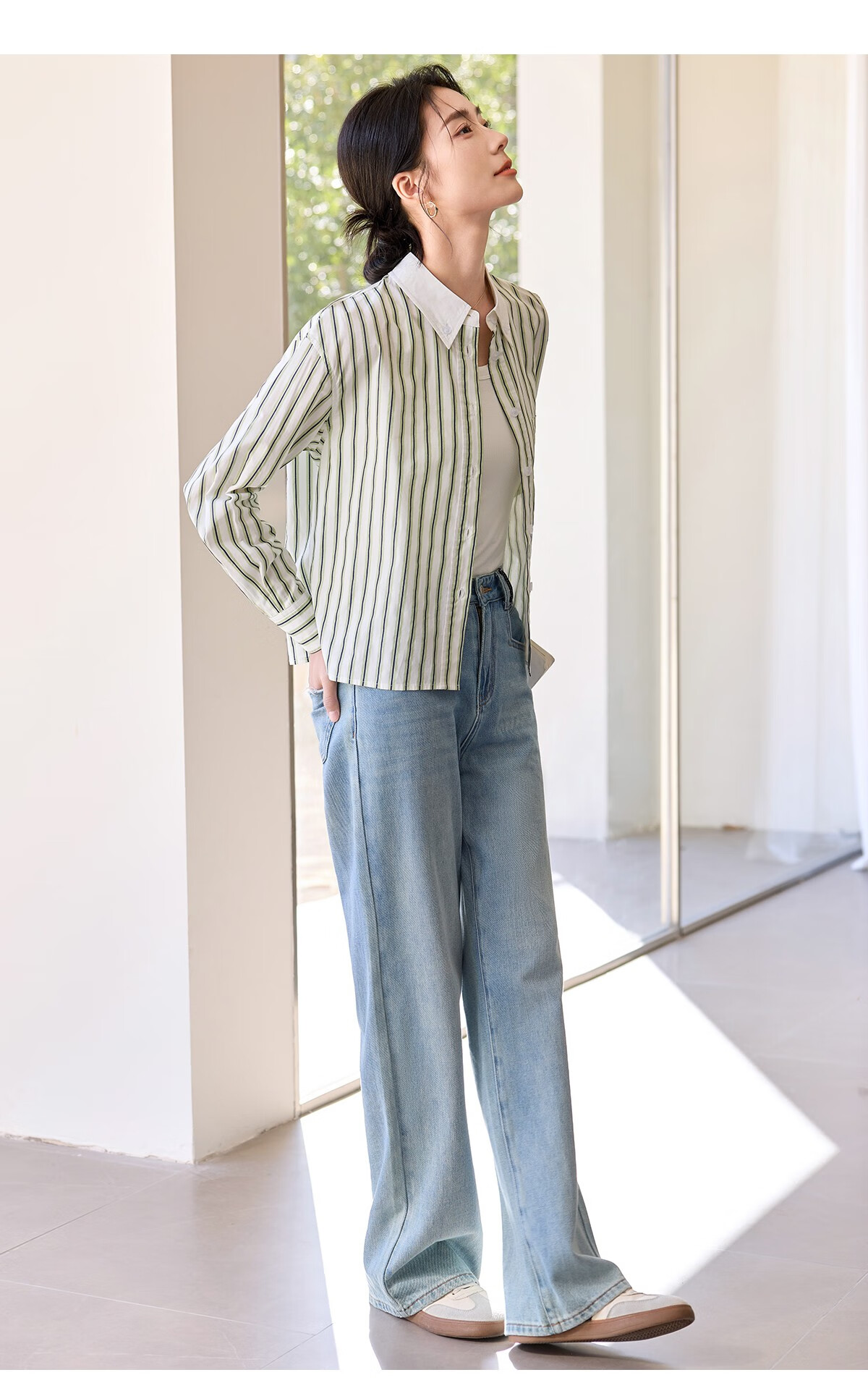 Chushen Women's Long-Sleeve Shirt, Contrasting Color Lapel, Classic Striped Short Casual Commuter Pure Cotton Blouse S51S043 19