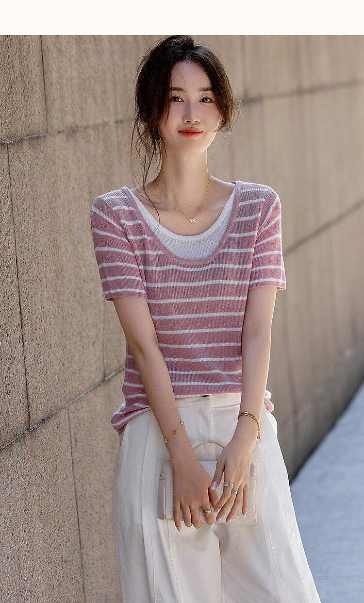 Dme [Xianxiao Philosophy] Spring And Autumn High-Wise Sensation Faux Two-Piece Striped Sweater, Elastic Comfortable Concealing Knit Top for Wome 8