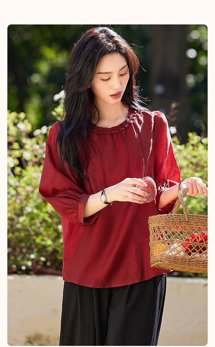 Dme [Lyocell Selection] Summer Pleated Round Neck Water Drop Button Blouse, Puff Three-Quarter Sleeve Shirt, Women's Top 2