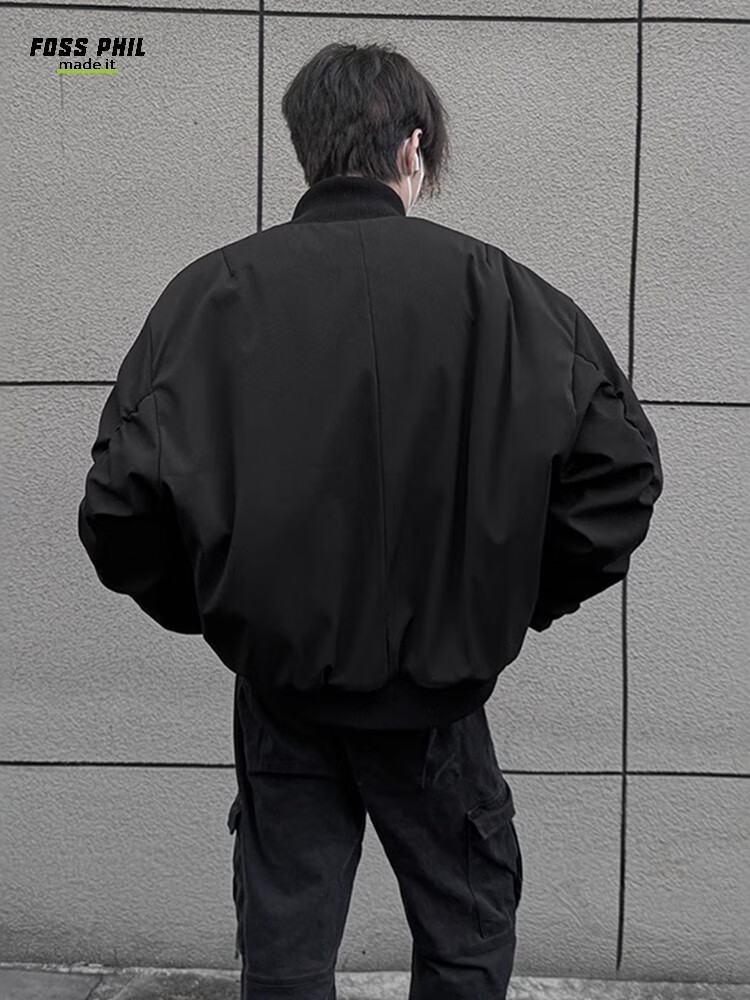Foss Phil Men's Flight Jacket, Spring And Autumn American High Street Style, Versatile Short Baseball Coat, JK001 Black L 17