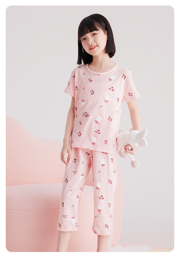 DEESHA Girls' Pajamas, Spring And Summer Thin Mesh Breathable Antibacterial Pure Cotton Air Conditioning Wear, for Older Children's Home Wear Set 12