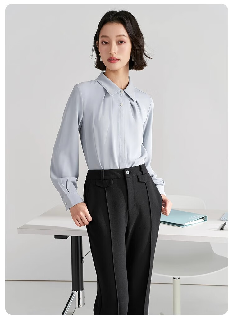 Bodexiaojie White Blouse for Women, Professional Commute Straight Shoulder Top, Petite Elegant Outfit, Formal Shirt 25
