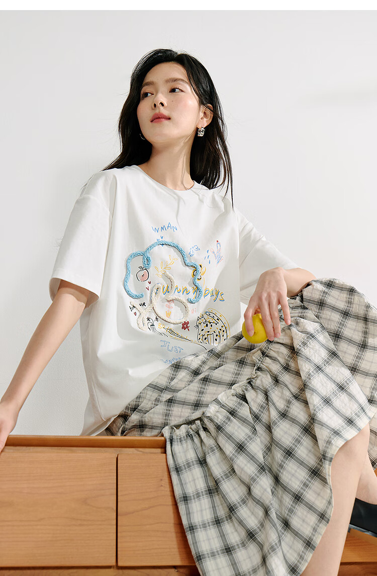 INMAN [Same As in Show] Cotton Cat Print Round Neck Short Sleeve T-Shirt for Women, Summer 2026 Top, Off-White, Size S 19
