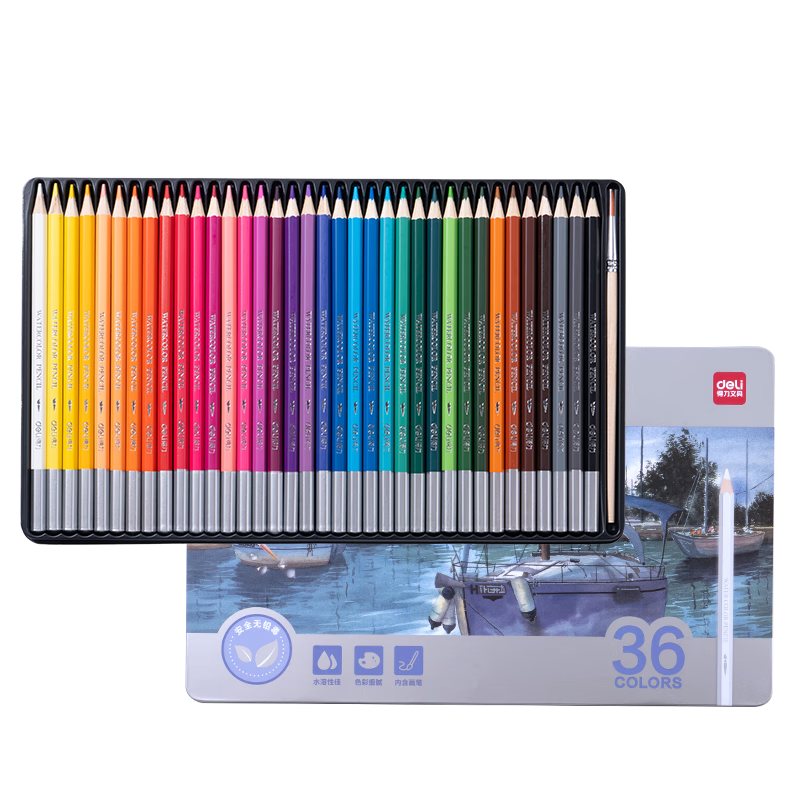 Deli [Back to School Stationery] 36-Color Colored Pencils in Metal Box, Water-Soluble, High Pigmentation, for Art Design And Professional Drawing, Colored Pencils for Girls And Children, School Supplies