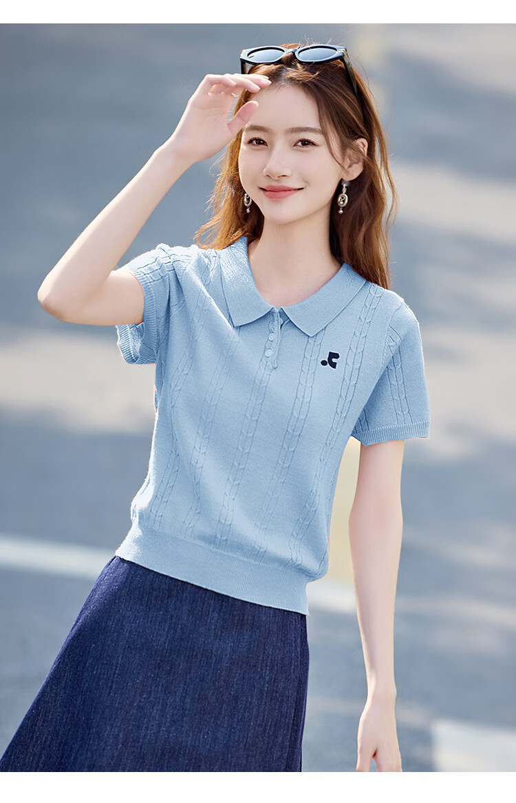 Shangjing Women's Short Sleeve Knit Top Summer New Sweet Polo Collar Slim T-Shirt 13