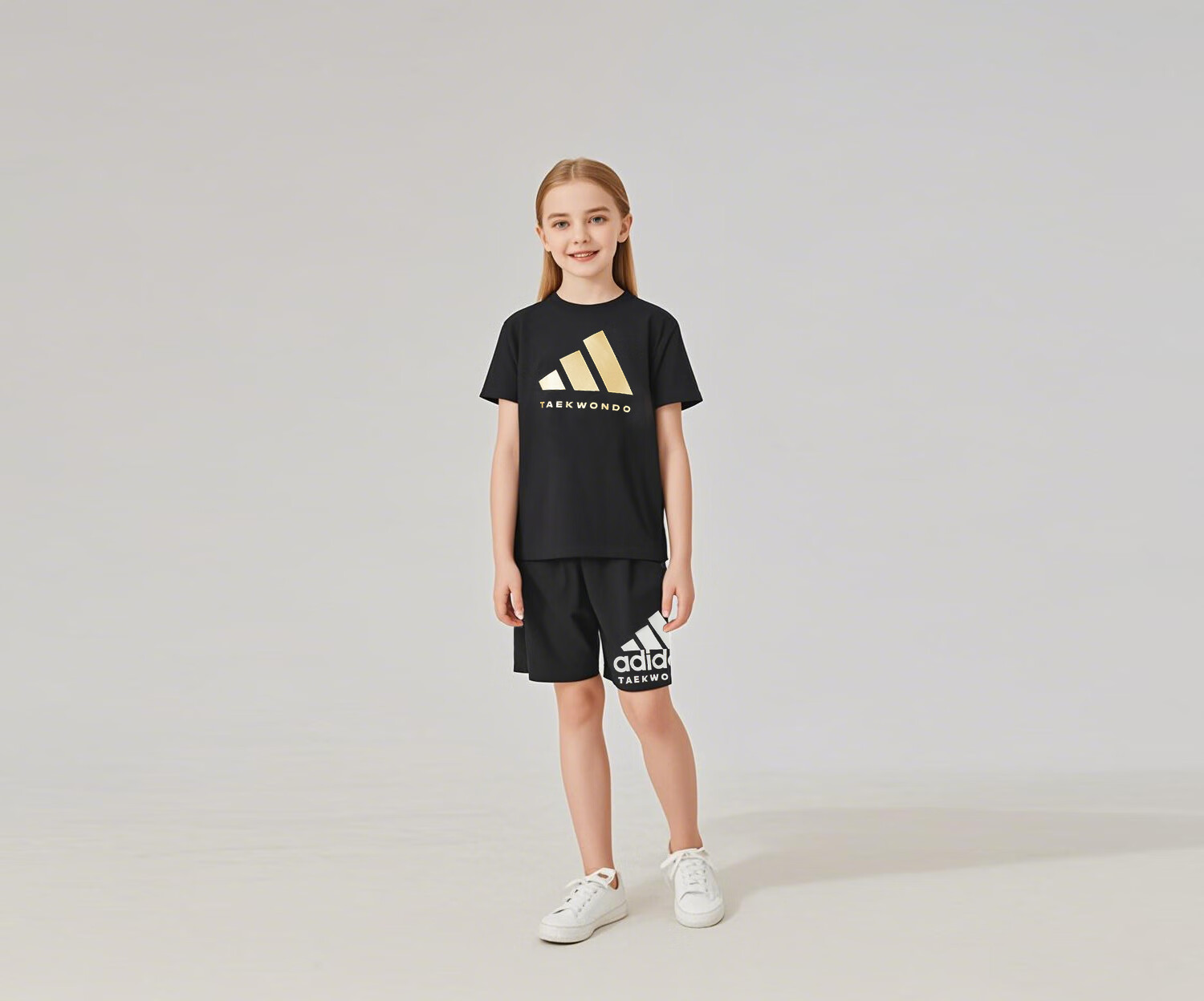 Adidas Children's Short-Sleeve T-Shirt And Shorts Set, White/gold + Black Shorts, Size 140 4