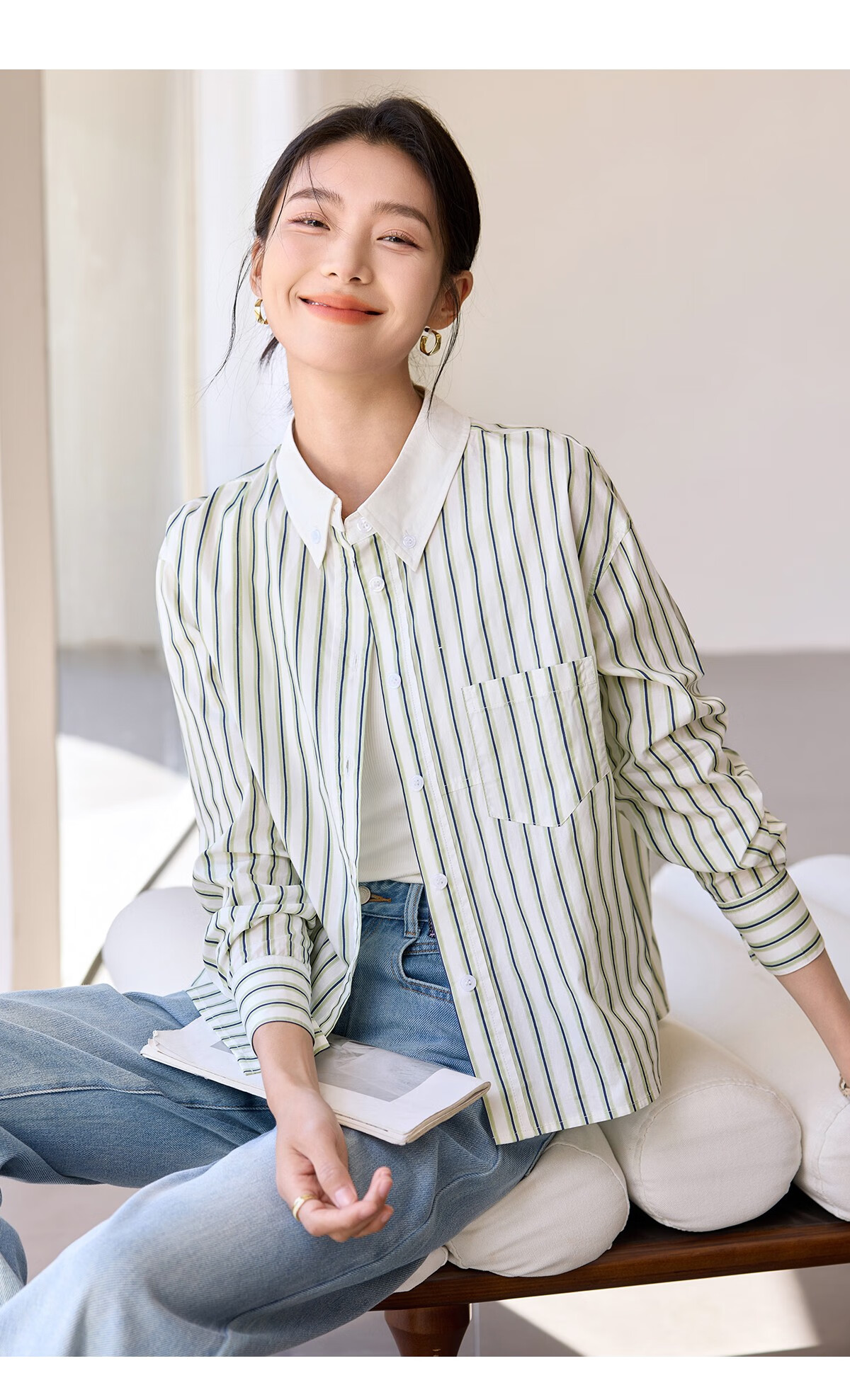 Chushen Women's Long-Sleeve Shirt, Contrasting Color Lapel, Classic Striped Short Casual Commuter Pure Cotton Blouse S51S043 16