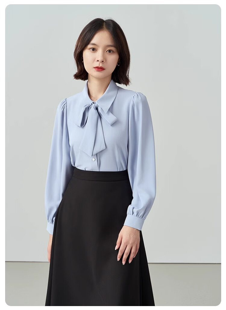 Bodexiaojie Blue Short-Sleeve Shirt for Women, Urban Daily Commute Outfit, Petite Chiffon Blouse, Interview Professional Shirt, Size S 24