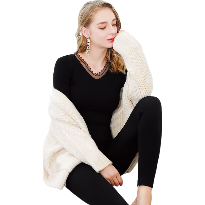 LangSha Autumn New Women's Lace Seamless Slim Fit Thin Thermal Underwear Set