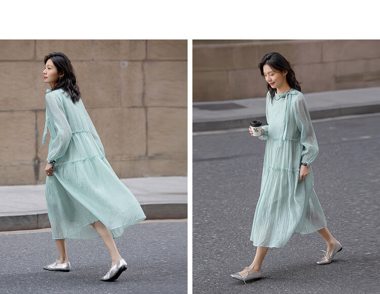 Dme [Boleng Zhilian] Spring French-Style Split Ruffle Trim Round Neck A-Line Concealing Mid-Length Women's Dress 5