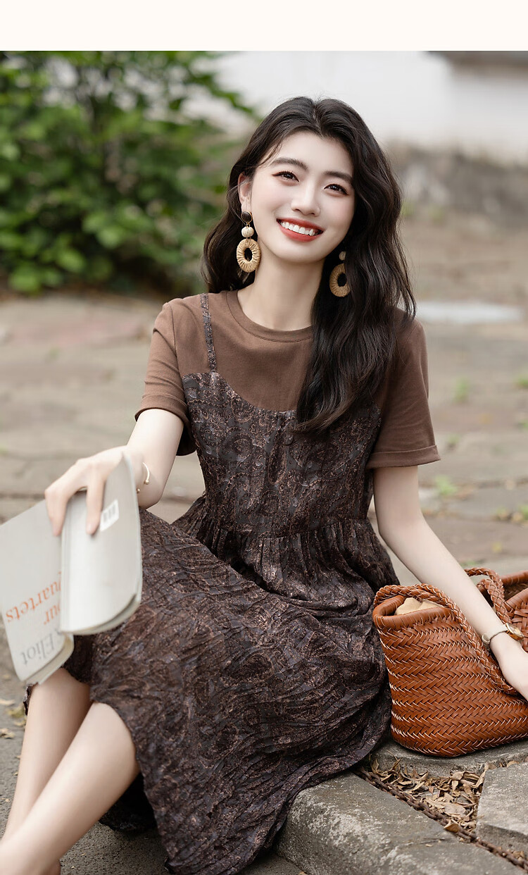 Demana Natural Crinkle Texture Summer French Romantic Faux Two-Piece Printed A-Line T-Shirt Dress for Women 6