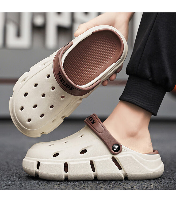TonLion Perforated Shoes, Men's Summer Outdoor Sandals, Casual Couple Style Beach Slippers, Beige Brown, Size 38/39 18