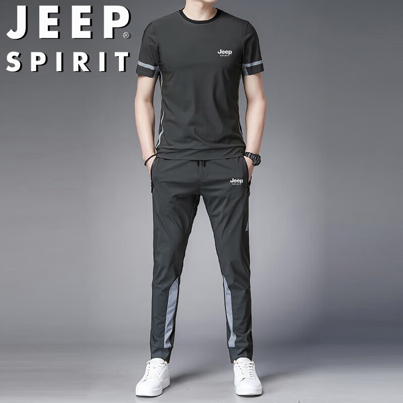 Мужской спортивный костюм JEEP SPIRIT, летний комплект из двух предметов: шорты с коротким рукавом и брюки из ледяного шелка, черный, размер M