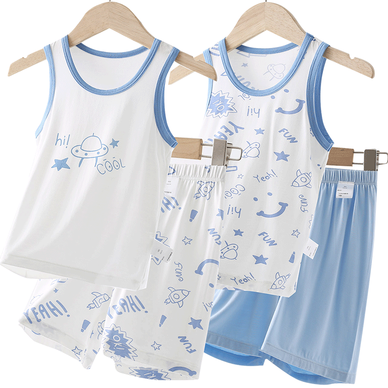 Dingguagua Children's Vest Set, Boys' Ice Silk Pajamas, Summer Thin Style, for Older Children, Sleeveless, for Young Boys And Toddlers, Home Wear