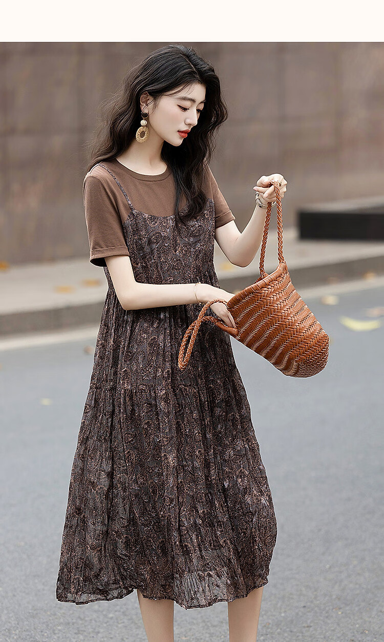 Demana Natural Crinkle Texture Summer French Romantic Faux Two-Piece Printed A-Line T-Shirt Dress for Women 8
