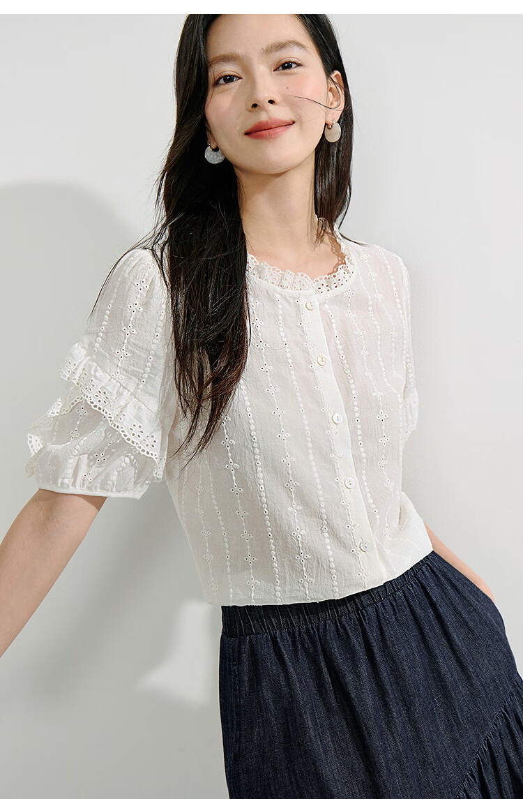 Inman Lotus Leaf Collar Hollow Embroidered Pure Cotton Shirt 2025 Summer Women's Vacation Style Puff Sleeve Blouse Pearl White M 17