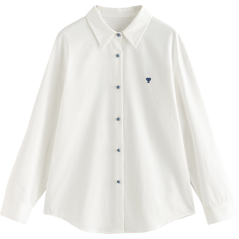 Chuyua Heart Embroidery Shirt Women 2025 Autumn New Simple Versatile Solid Color Pure Cotton Blouse White S